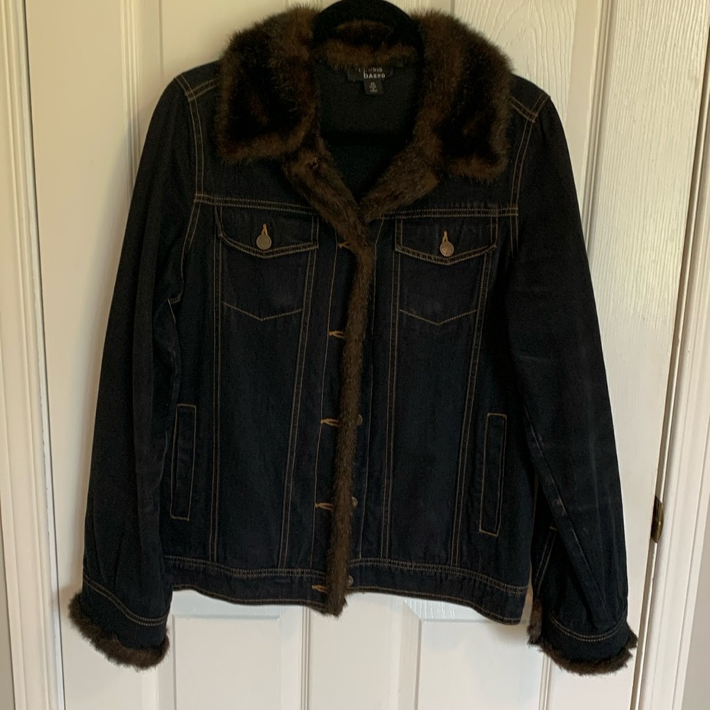 Dennis Basso Jean Jacket Oversized Faux Fur Trim Size XS